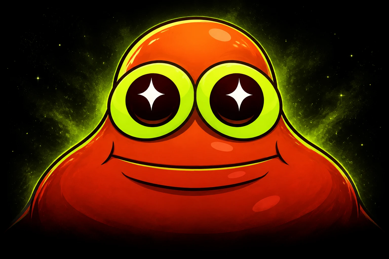 Bork with enormous lime eyes and star pupils glowing against deep space